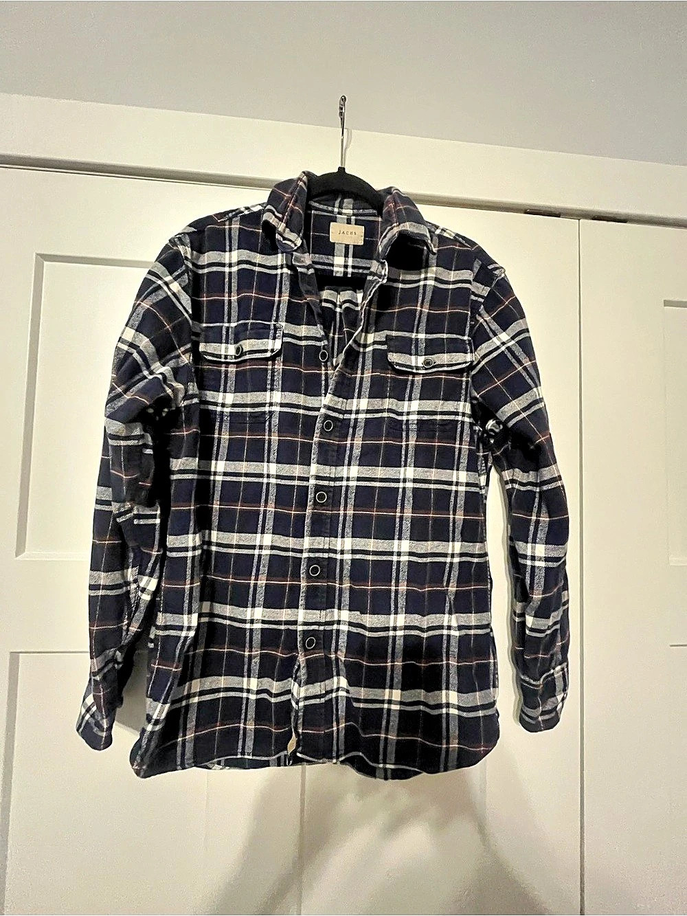 Jachs Flannel Plaid Button Down Blue Brown & White Mens Medium Like New